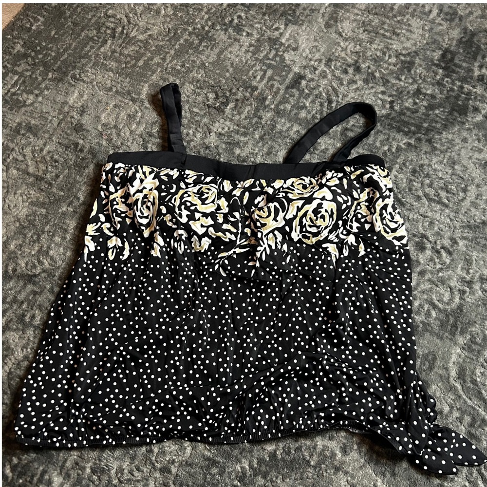 Le Cove 18W Black Polka Dot Floral Blouson Tankini Swim Top Adjustable Straps